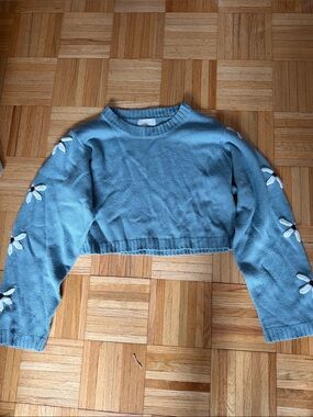 Blue Cropped Knit Sweater with Flower Appliqués